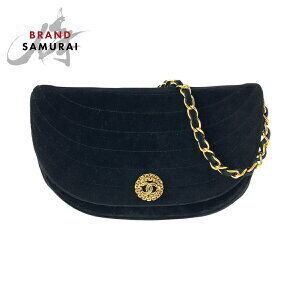 CHANEL border stitching half moon Coco mark black velour chain Shoulder Bag